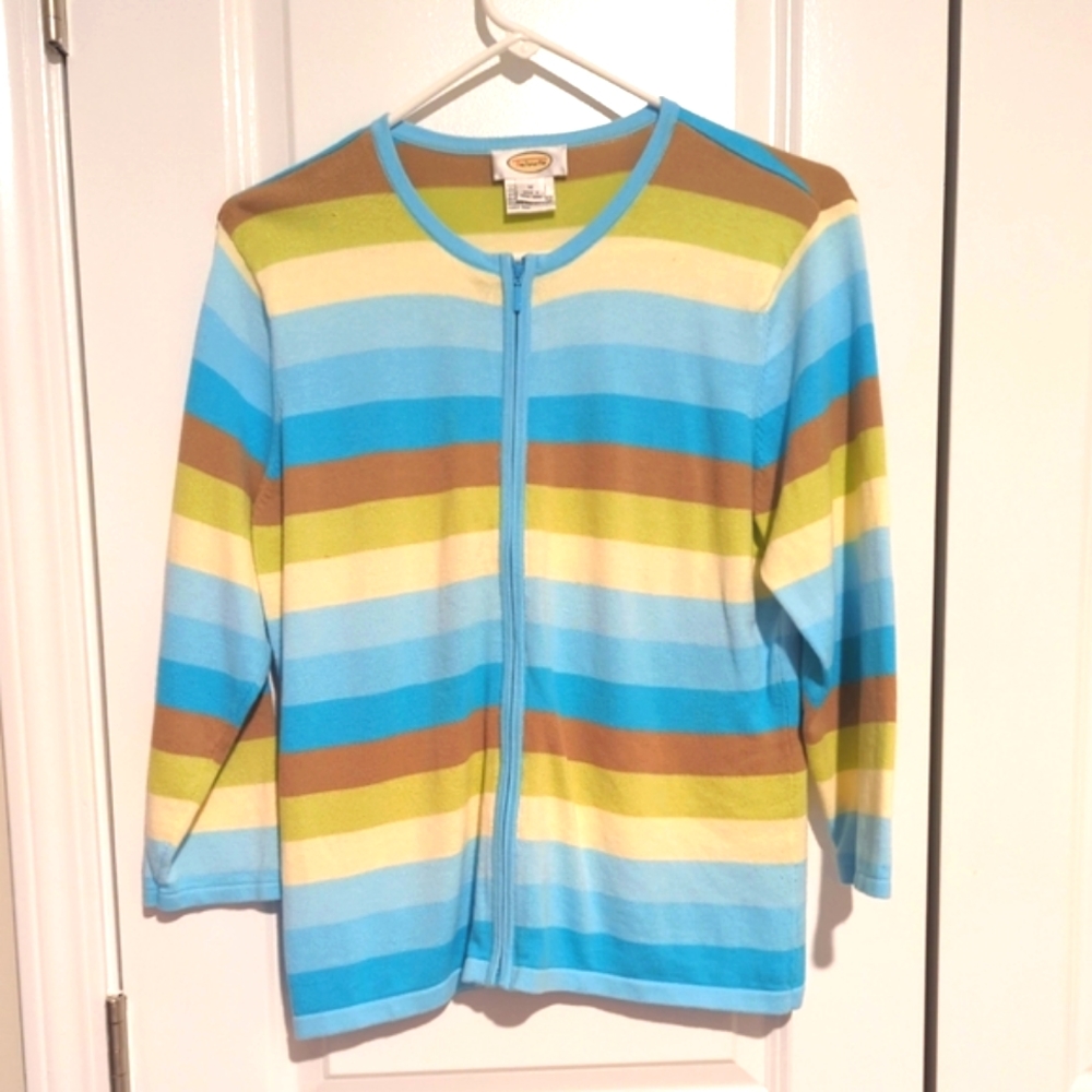 Talbots Womens M Pastel Multicolor Striped Full-Zip Cardigan Sweater Cotton-424